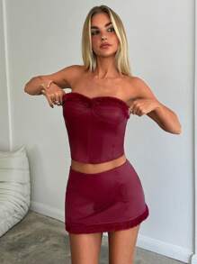 Aloruh Maroon Women's Sleeveless Tube Top With PU And Fuzzy Trim , Christmas Thanksgiving New Years Holiday Party Y2k - Burgundy - View 3