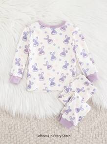 Cozy Pixies Bộ đồ ngủ 2 món vừa vặn cho bé gái - Áo thun cổ tròn tay dài họa tiết thỏ hoạt hình Colorblock và quần dài - Màu tím hoa cà - Xem 2