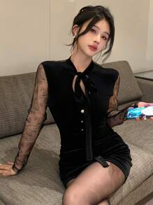 DAZY Women Elegant Lace Patchwork Bodycon Mini Dress, Autumn,Fall Women Clothes Long Sleeve Dress - Black - View 3