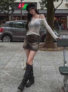 DAZY Women Solid Color Asymmetric Neckline Fitted T-Shirt, Spring/Summer Sheer Long Sleeve Women Tops - Apricot - View 6