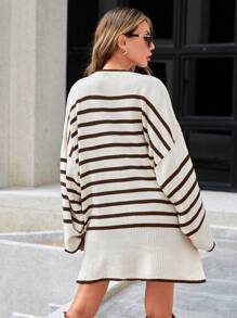 EURMUSE Striped Pattern Drop Shoulder Split Hem Sweater - Brown - View 2