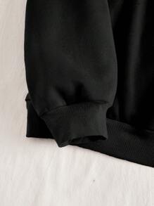 SHEIN EZwear Áo nỉ dày cổ tròn in họa tiết chấm bi và chữ đơn giản, giản dị, thu/đông - màu đen - Xem 5