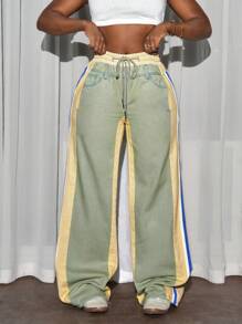 Slaydiva 女式纯色拼接前系带休闲牛仔裤