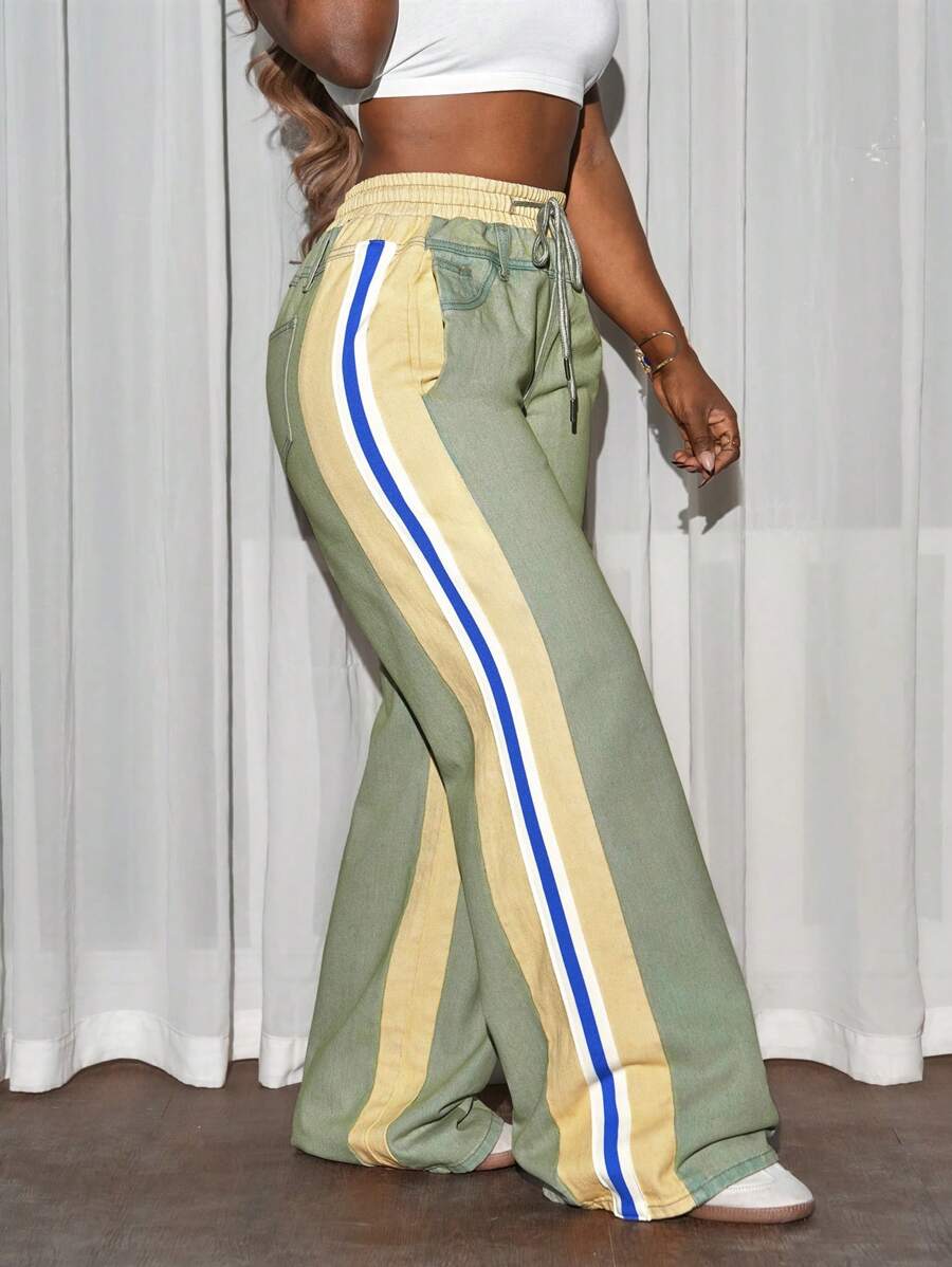 Slaydiva 女式纯色拼接前系带休闲牛仔裤