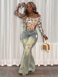 Slaydiva Women's Pocket Distressed Flare Leg Casual Versatile Jeans - Blue - View 2