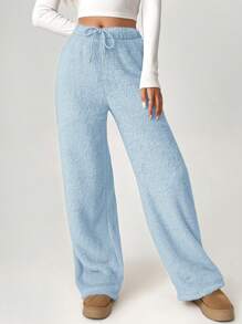 SHEIN Tall Pantalones anchos con cintura de cordón tipo teddy - Azul - Ver 7