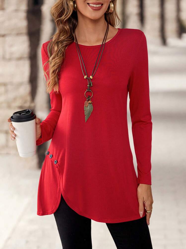 Women's Casual Round Neck Long Sleeve Button Design Christmas Tops