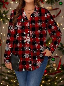 EMERY ROSE Plus Size Women Casual Long Sleeve Turn-Down Collar Button-Up Blouse For Christmas - Red - View 5