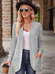 EMERY ROSE Women's Casual Ribbed Brushed Open Front Side Pocket Shorts Jacket, Lightweight - Light Grey - View 4