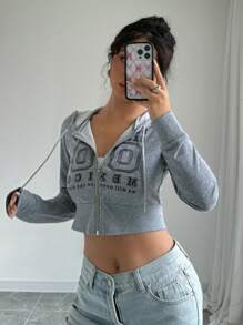SHEIN Unity Letter Graphic Zip Up Drawstring Crop Hoodie Sweatshirt - Multicolor - View 3