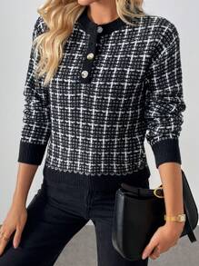 SHEIN LUNE Jersé informal y holgado de cuello redondo, manga larga, textura cálida, diseño en blanco y negro, adecuado para mujer en otoño e invierno