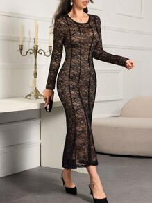 Modelyn Women Simple Round Neck Long Sleeve Long Casual Dress, Daily Wear Long Evening Dresses