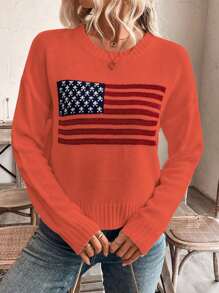 SHEIN LUNE Women's Round Neck Long Sleeve Flag Pattern Casual Sweater, Everyday Wear Knit Pullover Fall Winter - Burnt Orange - View 5