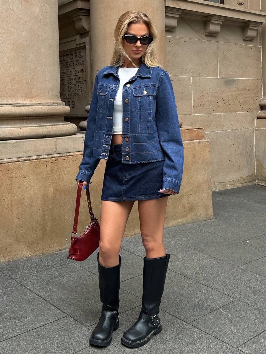 Forever 21 Damen Lange Ärmel Denim Jacke mit Knöpfen und Taschen, einfaches Lässig Design