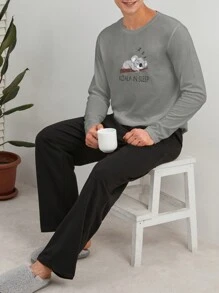 RueChic Men Koala Printed Regular Longsleeve Homewear Set - Grey - View 1