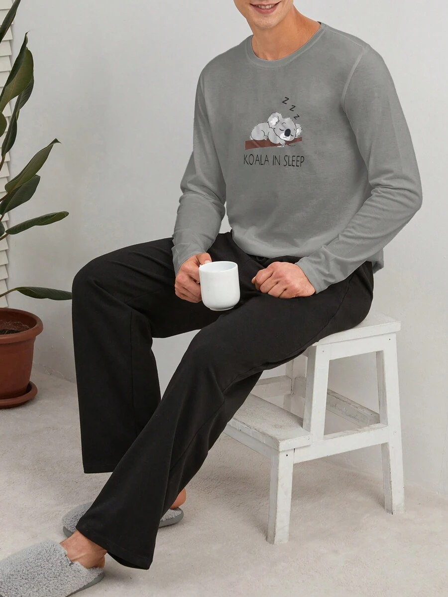 RueChic Men Koala Printed Regular Longsleeve Homewear Set - Grey - View 1