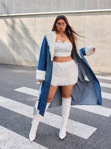 SHEIN ICON Plus Size Casual Color Block Fuzzy Patchwork Long Denim Jacket For Autumn/Winter