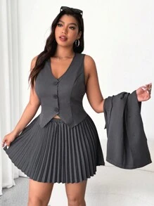 Flirla Plus Size Women 3-Piece Set: Long Sleeve Vest With Lapel Collar, V-Neck, And Pleated Skirt, Business Commuter, Dark Gray - Dark Grey - View 5