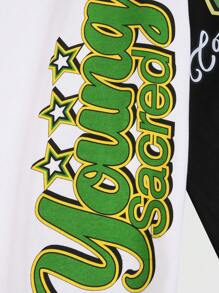 ROMWE MEN Street Life Men's Preppy Letter Color Block Front Button Long Sleeve Pocket Print Casual Baseball Jacket - Black and White - View 6