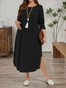 大码女式海军蓝圆领口袋宽松休闲通勤工作长裙，秋冬长款女装 - 黑色 - 查看 5