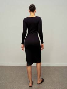 Activina Damen Langarm Lässig Nahtlos Sport Kleid mit Schlitz Saum, schwarz, für den täglichen Gebrauch und Tanzen