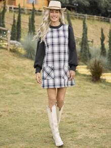 LanaWest Vestido curto casual feminino liso patchwork gola redonda manga comprida - Preto e Branco - Ver 6