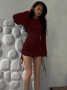 INAWLY 女式喇叭袖紧身迷你连衣裙 - 酒紅色 - 查看 3