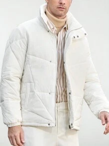 Manfinity VCAY Men's Loose Fit Stand Collar Long Sleeve Open Front Padded Coat, Fall/Winter - White - View 1