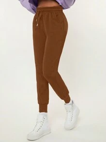 SHEIN BASICS Quần nỉ bó sát lưng rút màu trơn cho nữ, dáng rộng, dễ mặc - màu nâu - Xem 5