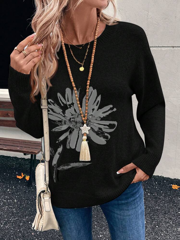 EMERY ROSE Suéter informal de mujer con cuello redondo, caída de hombros y manga larga con patrón floral, para otoño/invierno - Negro - Añade 1
