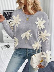 SHEIN Unity Handmade 3D Floral Decor Sweater, Stylish For Autumn/Winter Knit Pullover Fall - Grey - View 5