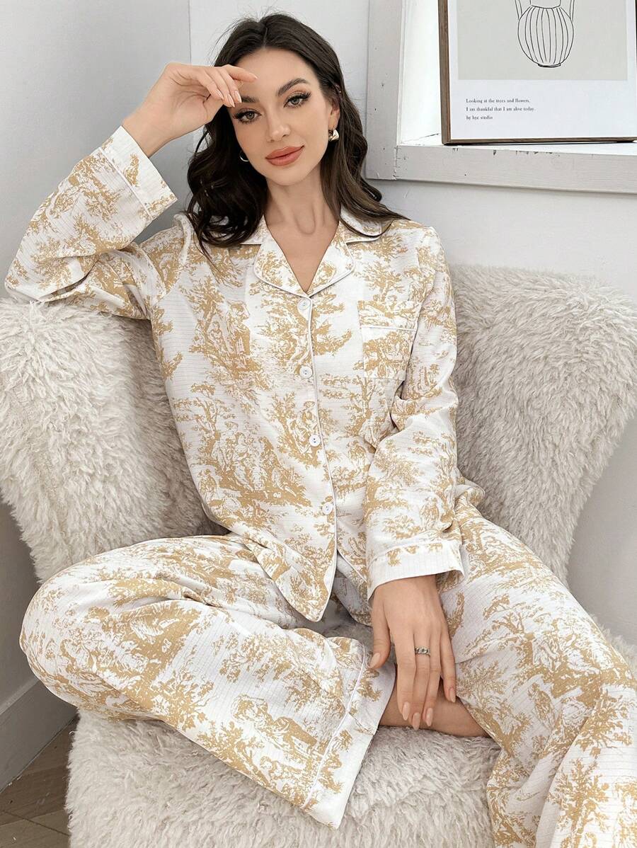 LuxeNights Bộ đồ ngủ tay dài cổ áo in họa tiết bong bóng, quần áo thu đông - Màu vàng - Xem 1