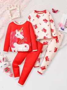 SHEIN 2 件套可爱拼色独角兽印花贴身连体衣和裤子套装，适合女婴、家居服、圣诞节