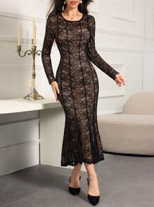 Modelyn Women Simple Round Neck Long Sleeve Long Casual Dress, Daily Wear Long Evening Dresses