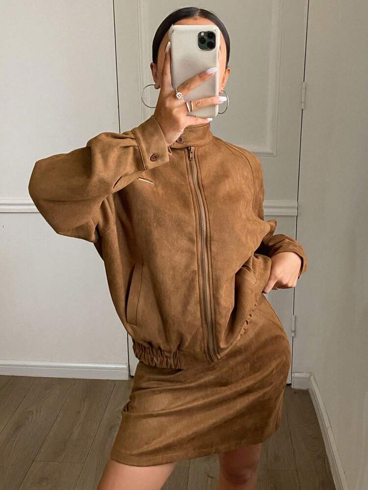 Women 2pcs Set: Solid Color Loose High Neck Long Sleeve Zip-Up Jacket & Straight Skirt,Fall Women Clothes