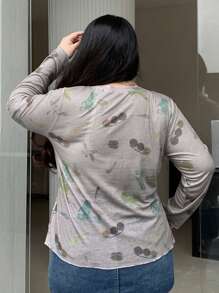 Dazy Plus All-Over Fruit Print Fitted Base Layer T-Shirt, Spring/Summer Sheer Long Sleeve Women Tops - Beige - View 2