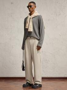 AKNOTIC Business Casual Men's Woven Straight Casual Fit Mid-Waist Pants, Suitable For Everyday Wear - Khaki - View 1