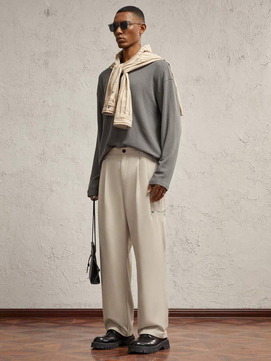 AKNOTIC Business Casual Men's Woven Straight Casual Fit Mid-Waist Pants, Suitable For Everyday Wear - Khaki - View 1