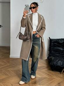 SHEIN EZwear Contrasterende afwerking, voorkant, knoop, lange mouwen, zakken, casual jas