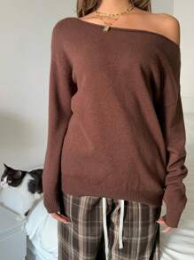 SHEIN EZwear Women Casual Solid Color Off Shoulder Oversized Sweater, Suitable For Autumn Fall/Winter - Camel - View 6