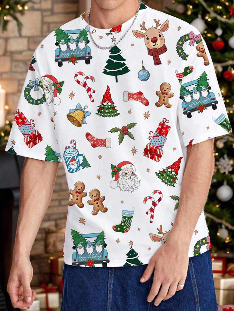 Manfinity Joysei Herren Weihnachtsmann Muster Rundhals Kurzarm Lässig T-Shirt, für Weihnachten - Verschiedenfarbig - Übersicht 1