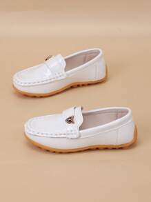 Mocasines planos cómodos con suela suave y hebilla en forma de cabeza de leopardo, estilo casual para niños - Blanco - Ver 7