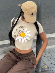 SHEIN EZwear 3 件套休闲简约花卉印花圆领短袖紧身短款女式 T 恤，夏季 - 彩色 - 查看 5