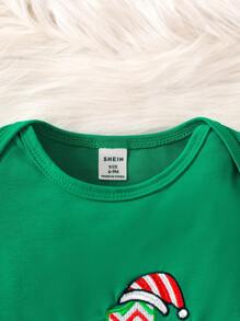 3pcs Set Baby Boy Casual Santa Claus Embroidery Bodysuit And Pants Christmas Outfit Clothes Set - Green - View 6