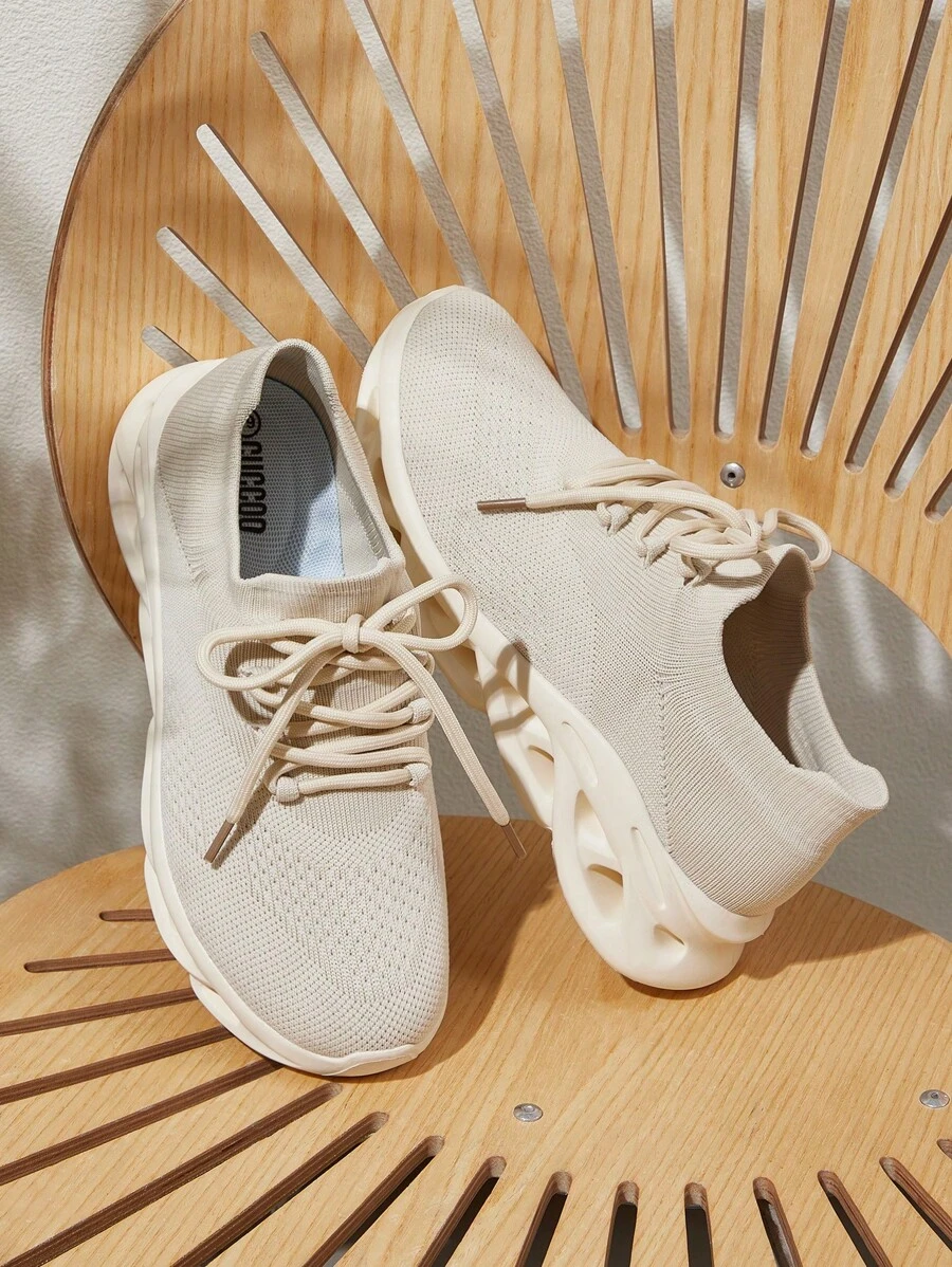 CUCCOO BASICS Women's Solid Color Cable Knit Lace Up Casual Sneakers, Comfortable & Lightweight For Running Spring Shoes Easter Trainers - Apricot - View 1