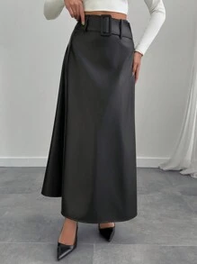 EURMUSE Women Belt Detailed Pu Leather Fabric Long A Line Skirt - Black - View 4