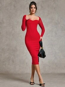SHEIN BAE Women's Elegant And Sexy Red Lace Trim Fitted Bodice Long Sleeve Net Mesh Halloween Dress, Autumn/Winter