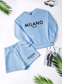 Slaydiva Milano Casual Letter Print Round Neck Long Sleeve Loose Cropped Sweatshirt & Shorts 2 Pieces Set, Suitable For Spring/Autumn And Winter - Blue - View 2