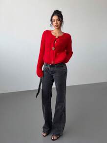 Aloruh 女士复古时尚粗针织休闲圆领长袖毛衣开衫 - 紅色 - 查看 2