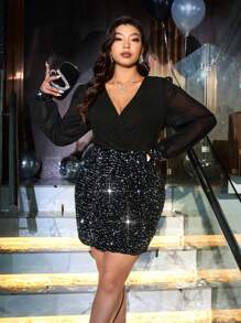 Allurite Sequin Glitter Mesh Patchwork V-Neck Bodycon Sexy Prom Party Dress - Black - View 6